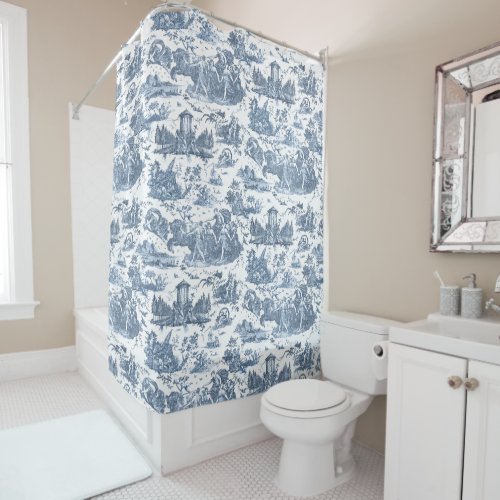 Vintage French Chariot of Dawn Toile de Jouy_Blue Shower Curtain