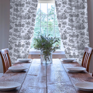 Vintage French Chariot of Dawn Toile de Jouy-Gray Sheer Curtains