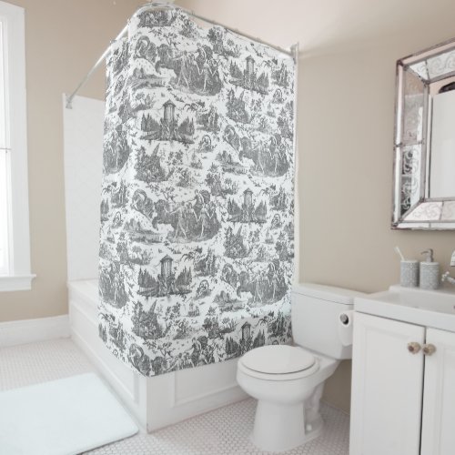 Vintage French Chariot of Dawn Toile de Jouy_Gray Shower Curtain
