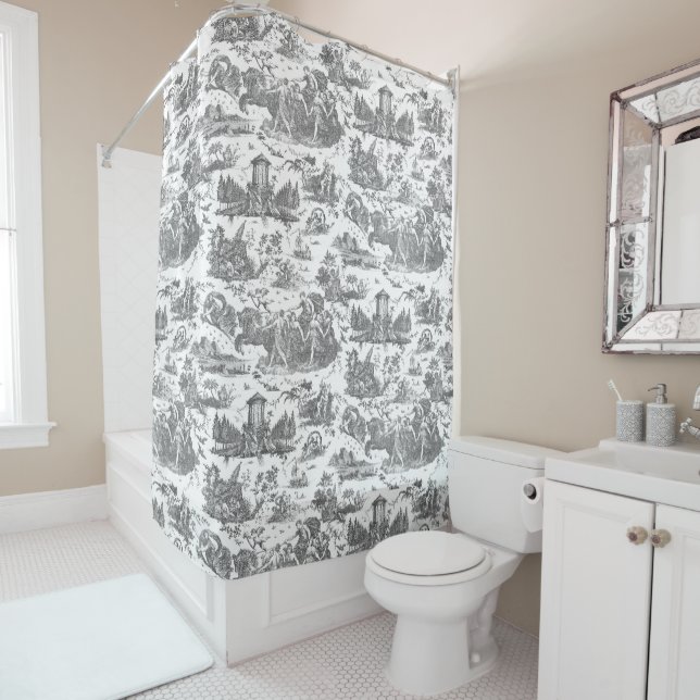Vintage French Chariot of Dawn Toile de Jouy-Gray Shower Curtain (In Situ)