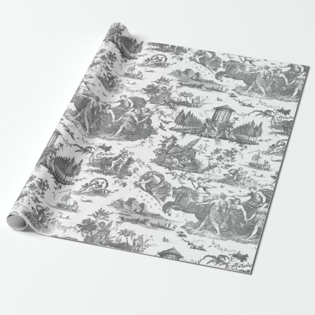 Vintage French Chariot of Dawn Toile de Jouy-Gray Wrapping Paper (Unrolled)