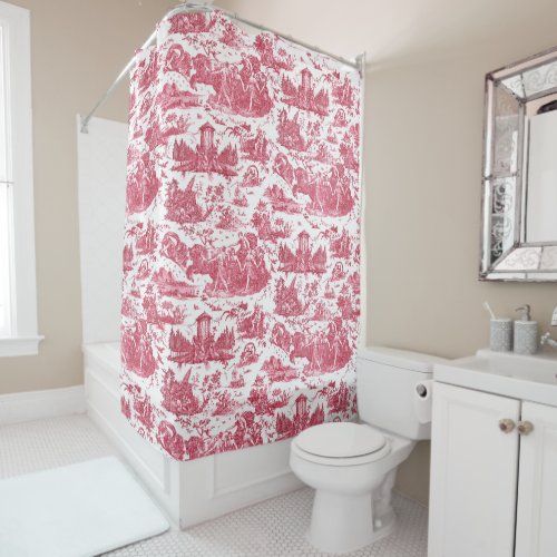 Vintage French Chariot of Dawn Toile de Jouy_Pink Shower Curtain