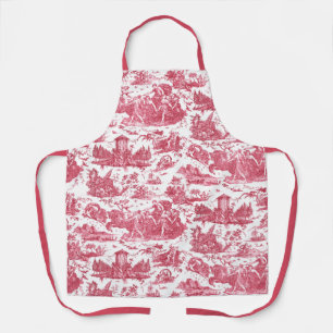 Vintage French Chariot of Dawn Toile de Jouy-Red Apron
