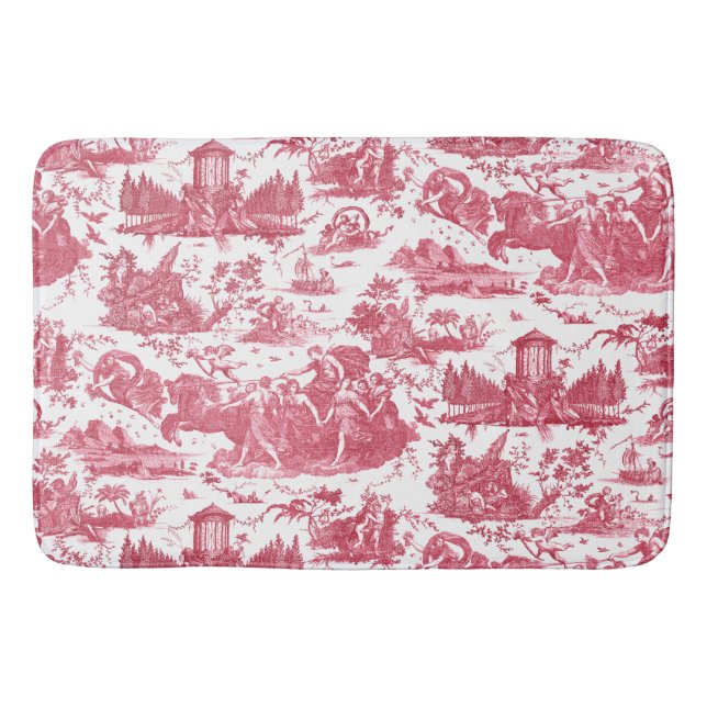 Vintage French Chariot of Dawn Toile de Jouy-Red Bath Mat (Front)
