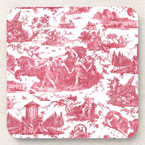 Vintage French Chariot of Dawn Toile de Jouy_Red Beverage Coaster