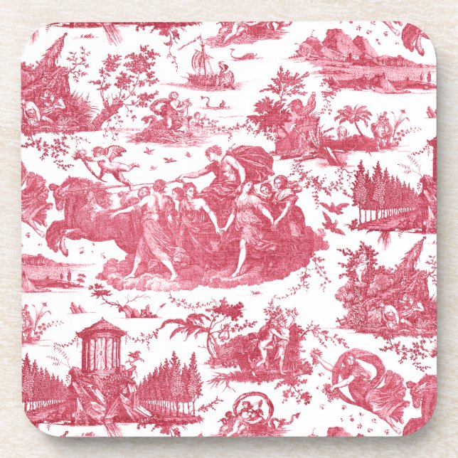 Vintage French Chariot of Dawn Toile de Jouy-Red Beverage Coaster (Front)
