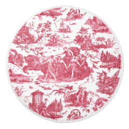 Vintage French Chariot of Dawn Toile de Jouy-Red Ceramic Knob