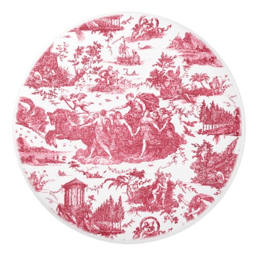 Vintage French Chariot of Dawn Toile de Jouy_Red Ceramic Knob