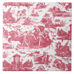 Vintage French Chariot of Dawn Toile de Jouy-Red Ceramic Tile