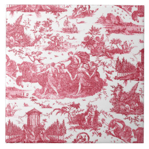Vintage French Chariot of Dawn Toile de Jouy-Red Ceramic Tile