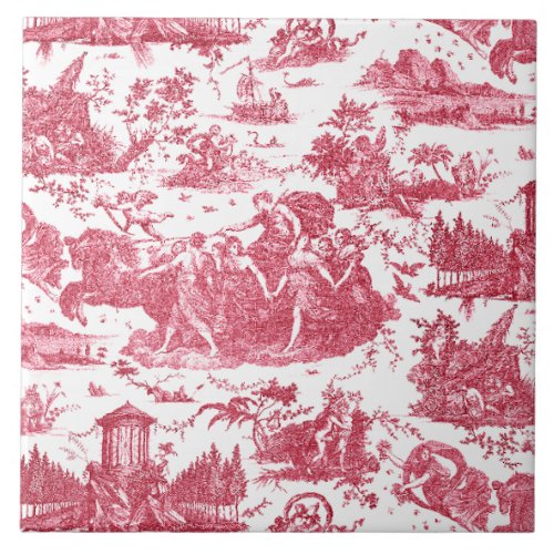 Vintage French Chariot of Dawn Toile de Jouy_Red Ceramic Tile