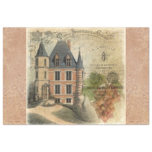 Vintage French Chateau Winery Vineyard Decoupage  Tissue Paper
