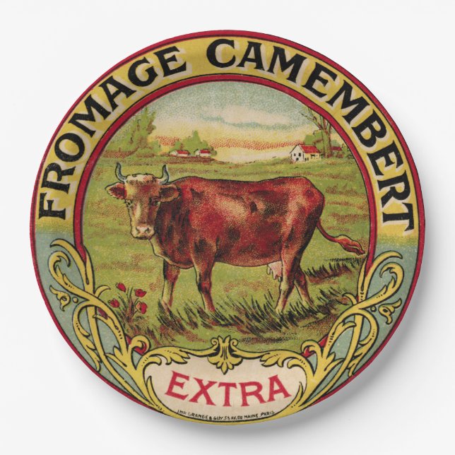 Vintage French Cheese with Dairy Cow Picnic Plate (Front)