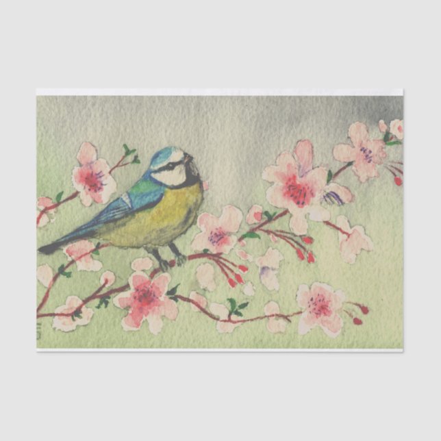 Vintage French Cherry Blossom  Titmouse Decoupage Tissue Paper (Front)