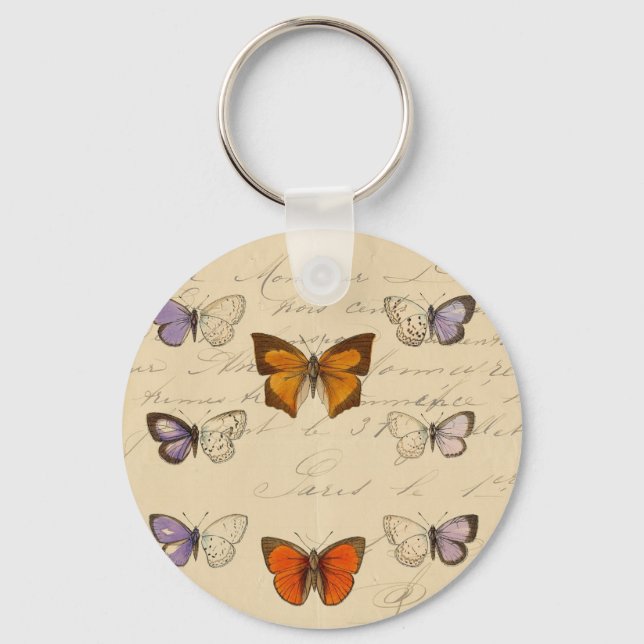 Vintage French Chic Butterflies Pattern Keychain (Front)