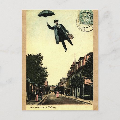 Vintage French Chic Umbrella Flying Man Postcard