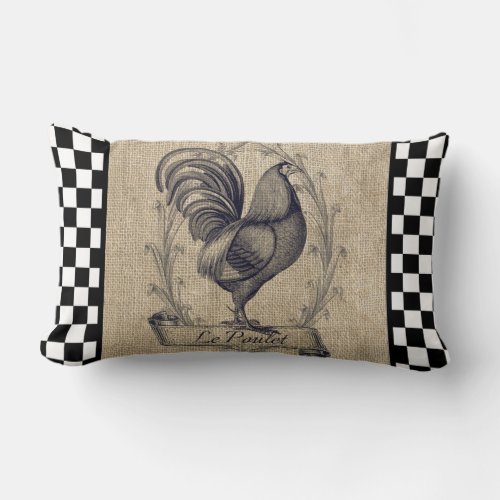 Vintage French Chicken on Checkerboard  Lumbar Pillow