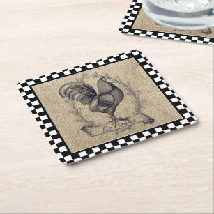 Vintage French Chicken on Checkerboard  Square Paper Coaster