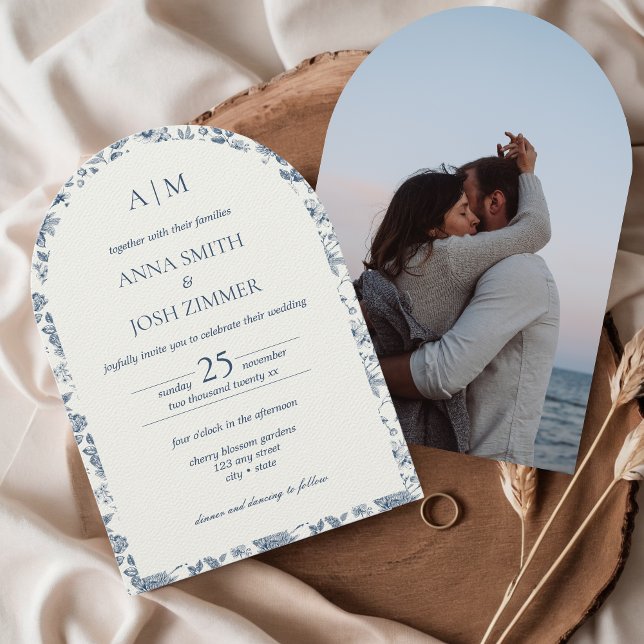 Vintage French Chinoiserie Blue Floral Wedding Invitation (Arch Chinoiserie French Vintage Dusty Blue Porcelain Floral Pattern Wedding Invitation with Photo)