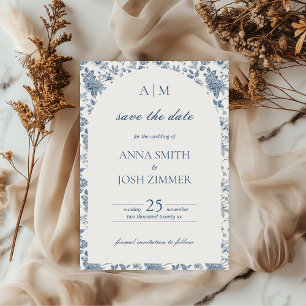 Vintage French Chinoiserie Blue Floral Wedding Save The Date