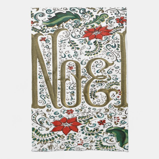vintage french christmas poinsettia joyeux noel kitchen towel (Vertical)