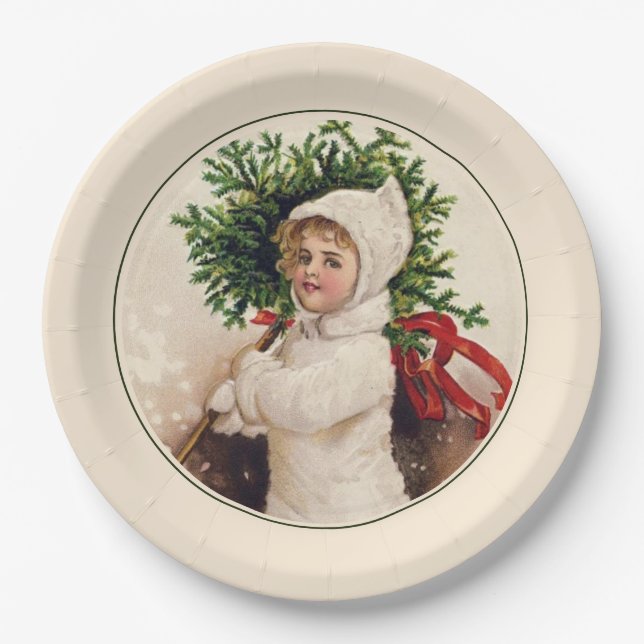 Vintage French Christmas Tree Girl Holiday Paper Plates (Front)