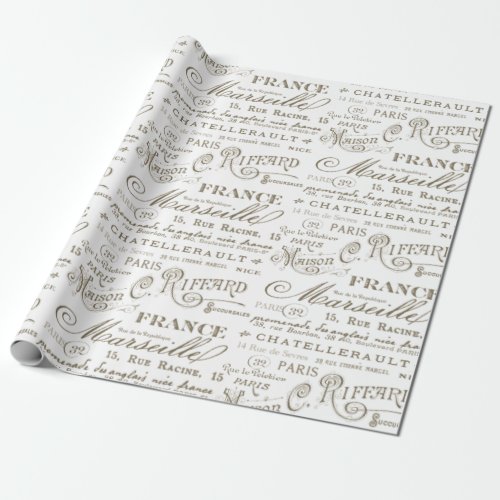 Vintage French City Names Paris Sepia Wrapping Paper