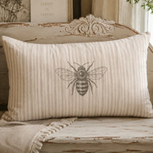 Vintage French Country Bee Neutral Rustic Farmhous Lumbar Pillow