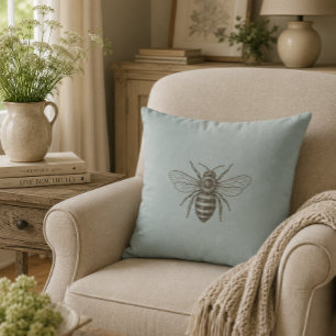 Vintage French Country Bee Neutral Rustic Farmhous Throw Pillow