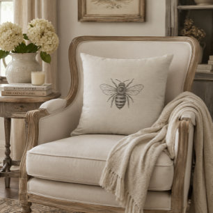 Vintage French Country Bee Neutral Rustic Farmhous Throw Pillow