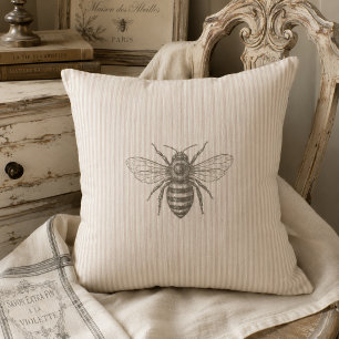 Vintage French Country Bee Neutral Rustic Farmhous Throw Pillow