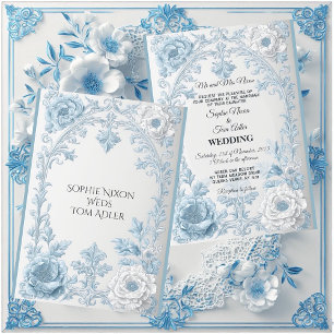 Vintage French Country Floral Blue White Wedding   Invitation