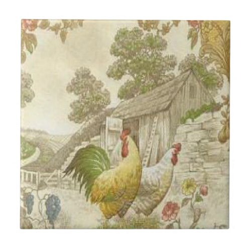 Vintage French Country RoosterHen Ceramic Tile