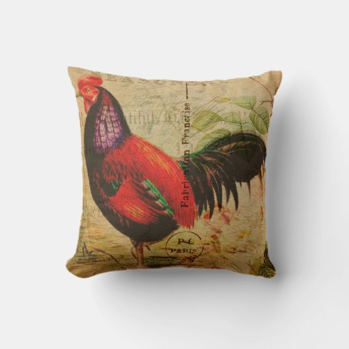 Vintage French Country Rooster Throw Pillow