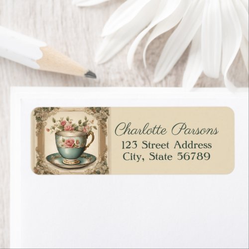 Vintage French Country Tea Cup Floral Address  Label