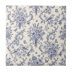 Vintage French Country Toile de Jouy Blue Pattern Ceramic Tile