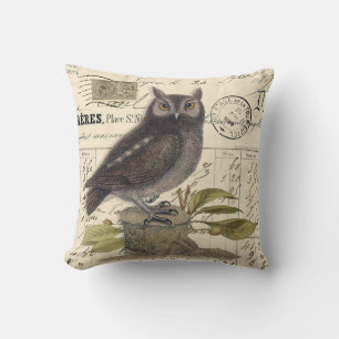 Vintage French Cute Owl on Stump Throw Pillow