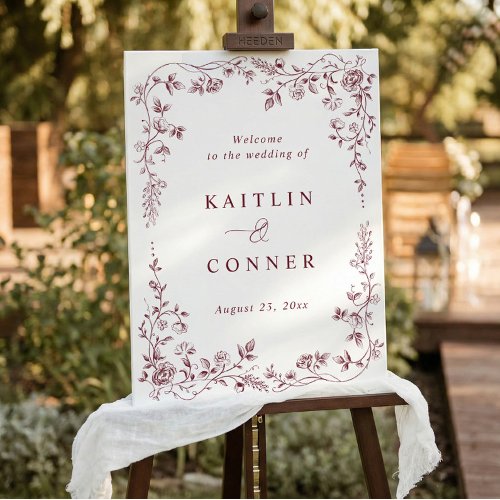 Vintage French Dark Red Wedding Welcome Sign