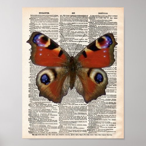 Vintage French dictionary with Peacock butterfly Poster