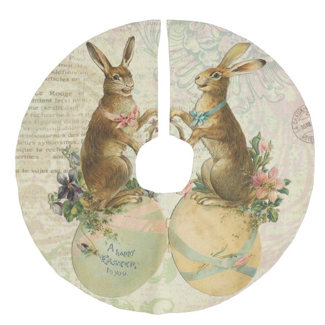 Vintage French Easter bunnies Faux Linen Tree Skirt (Front)