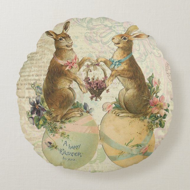Vintage French Easter bunnies Round Pillow (Front)