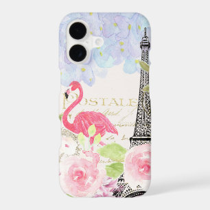 Vintage french Eiffel Tower cute flamingo flowers iPhone 17 Case