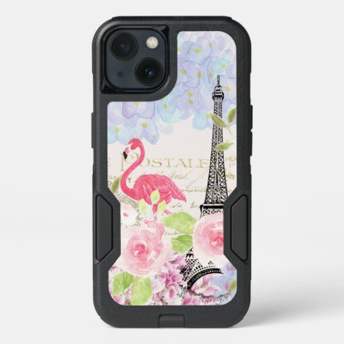 Vintage french Eiffel Tower cute flamingo flowers iPhone 13 Case