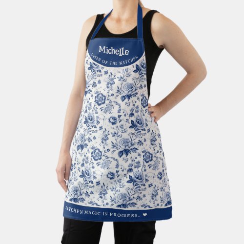 Vintage French Engraved Floral Toile Blue White Apron