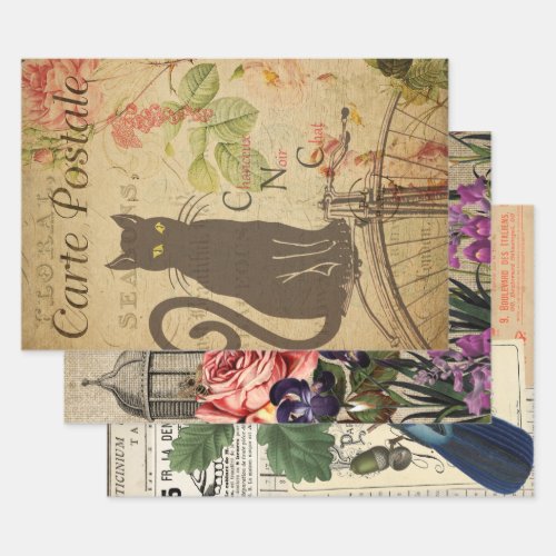 Vintage French Ephemera  Decoupage Collage Three Wrapping Paper Sheets