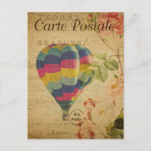 Vintage French Ephemera Hot Air Balloon Floral Pos