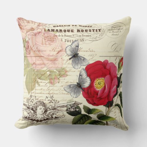 Vintage French Ephemera Roses Butterflies Collage Throw Pillow