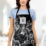 Vintage French Farmhouse Peony Monogram Chic Black Apron<br><div class="desc">Personalize this chic,  modern adult apron with your monogram! This elegant apron has your custom initials on a gorgeous black and white floral peony vintage french farmhouse design.</div>