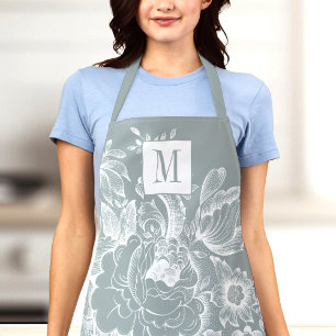 Vintage French Farmhouse Peony Monogram Light Grey Apron
