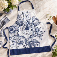Vintage French Farmhouse Peony Monogram Navy Blue